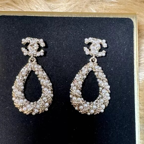 Chanel Gold Tone Drop Dangle Faux Pearl CC Earrings - Picture 3 of 5